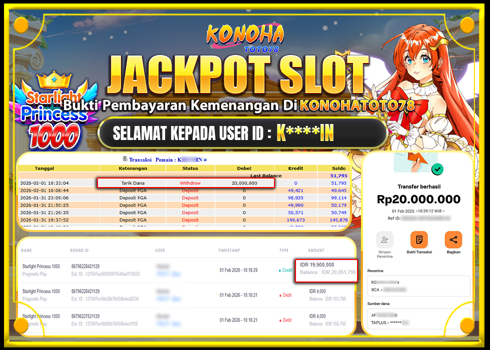 KONOHATOTO78 JACKPOT STARLIGHT PRINCESS 1000 Rp20.000.000, - LUNAS
